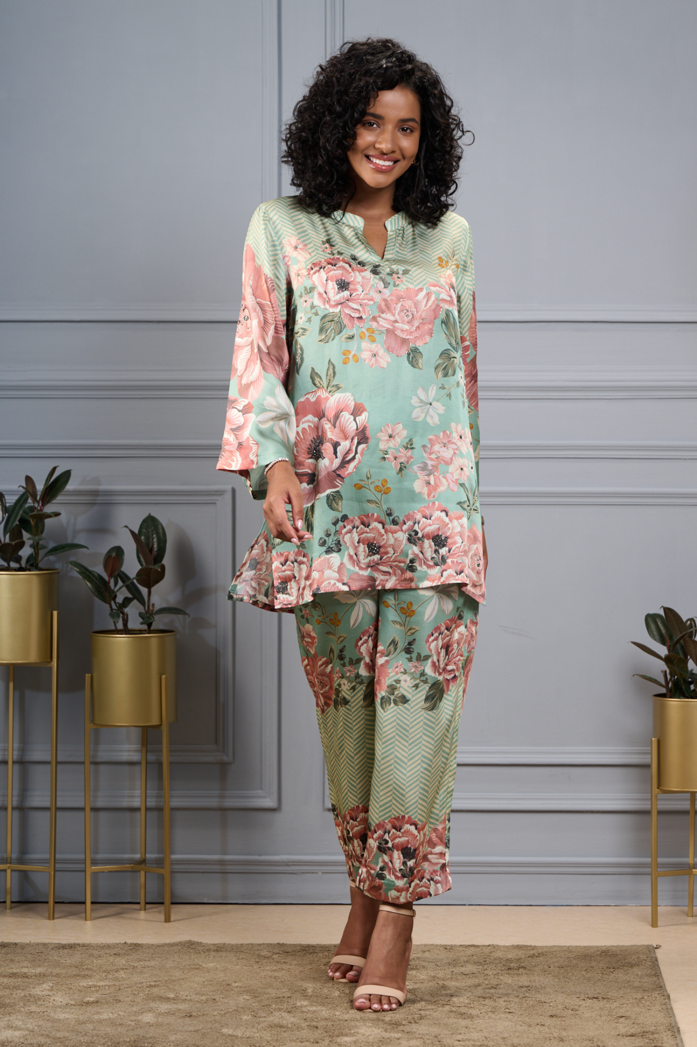 Silk Satin Bold Floral Co-ord Set With Embroidered Highlights