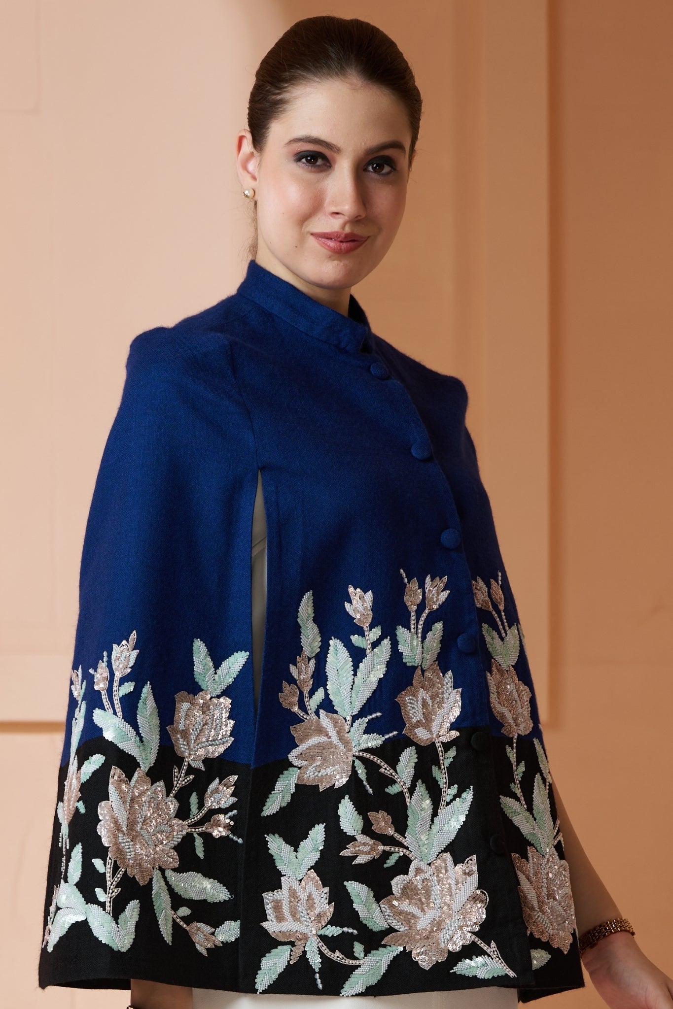 Colorblock Hand Embroidered Floral Cape