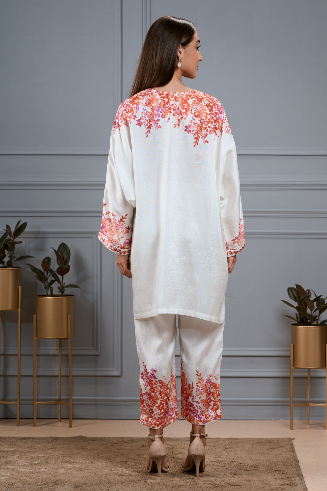 Silk Linen Floral Kaftan Co-ord Set with Embroidered Highlights