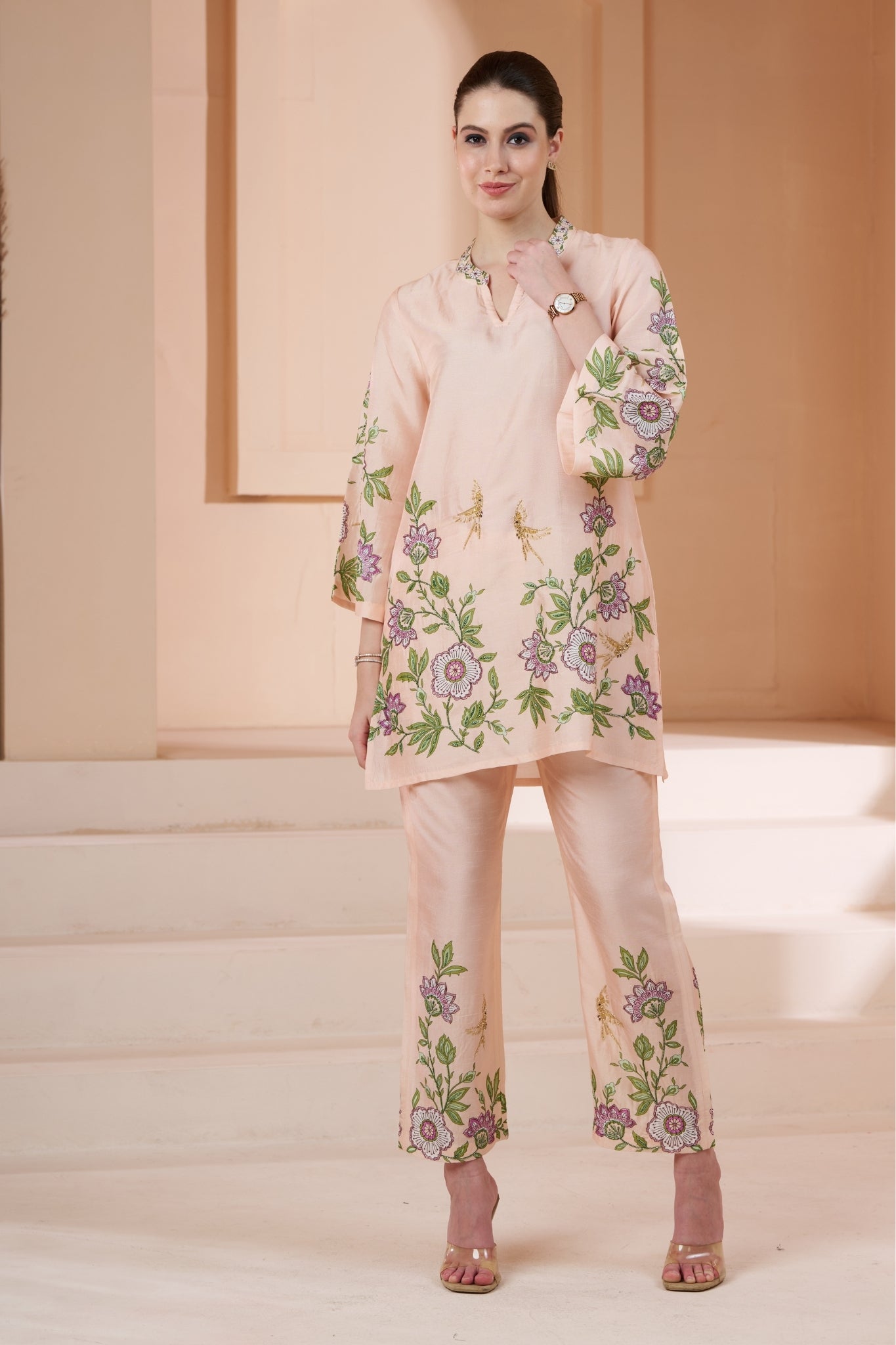 Floral Printed Silk Linen Co-ord Set with Embroidery Highlights