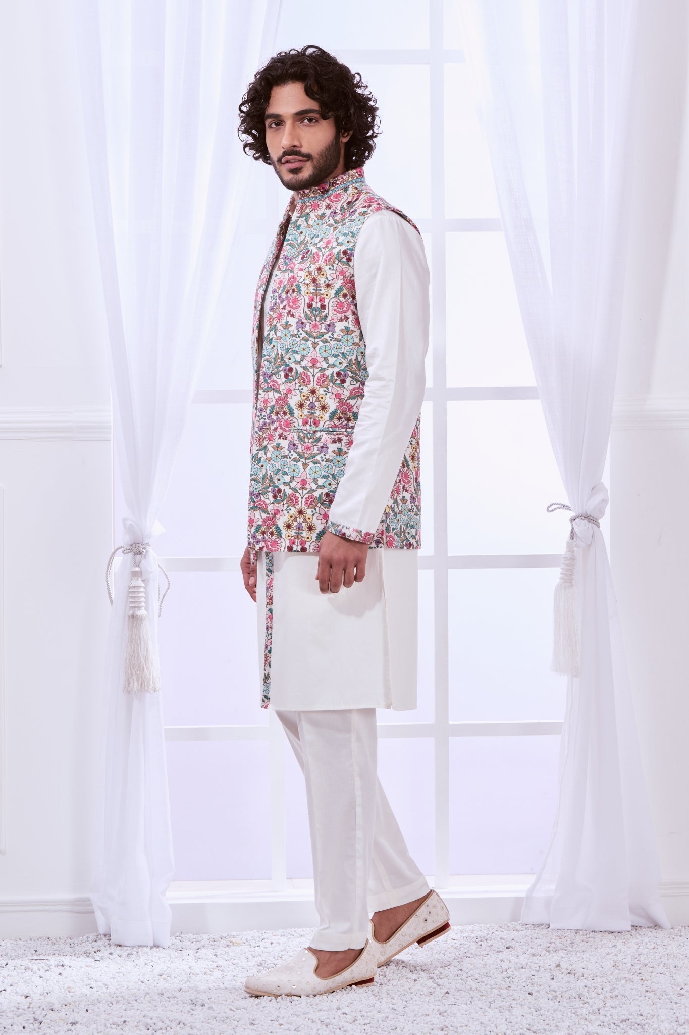 Pastel Floral Embroidered Nehru Jacket