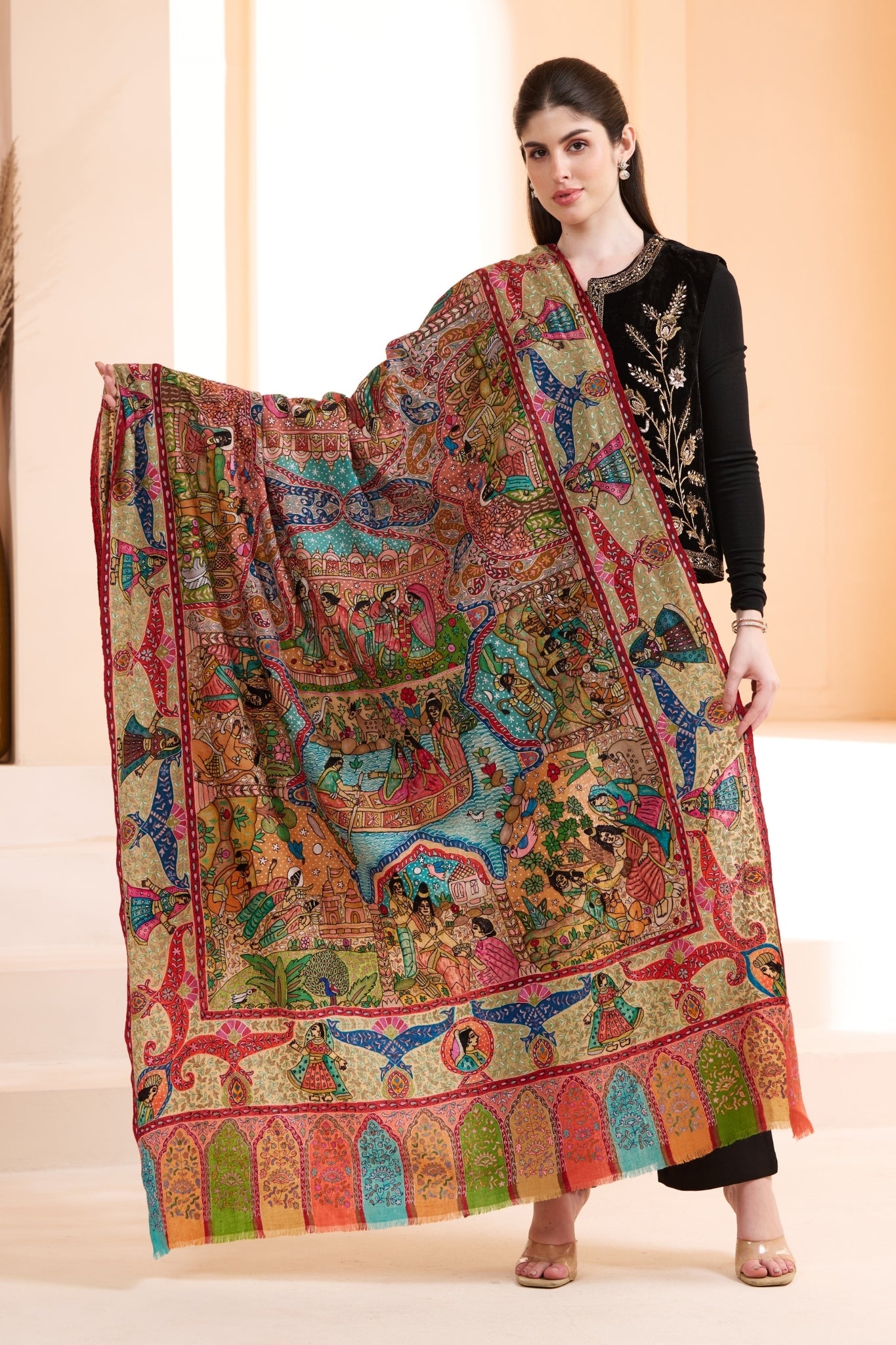 Heirloom Kalamkari Ram-Darbar Pure Pashmina Shawl