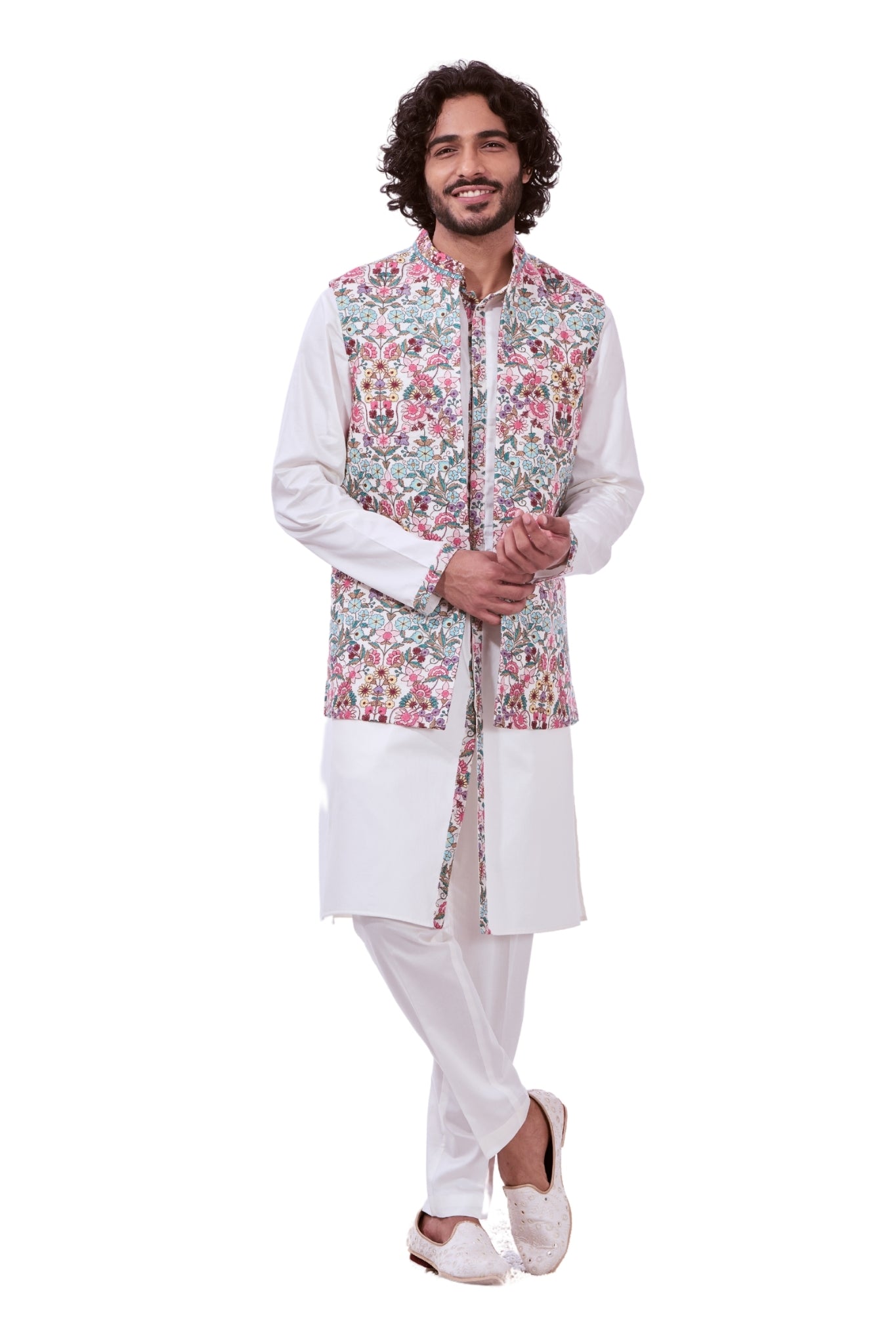 Pastel Floral Embroidered Nehru Jacket
