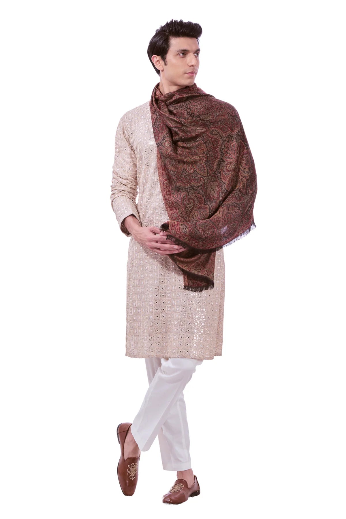 Taroob Gift Set of Faux Pashmina Jamawar Shawl for Her & Silk  Jamawar Stole for Him