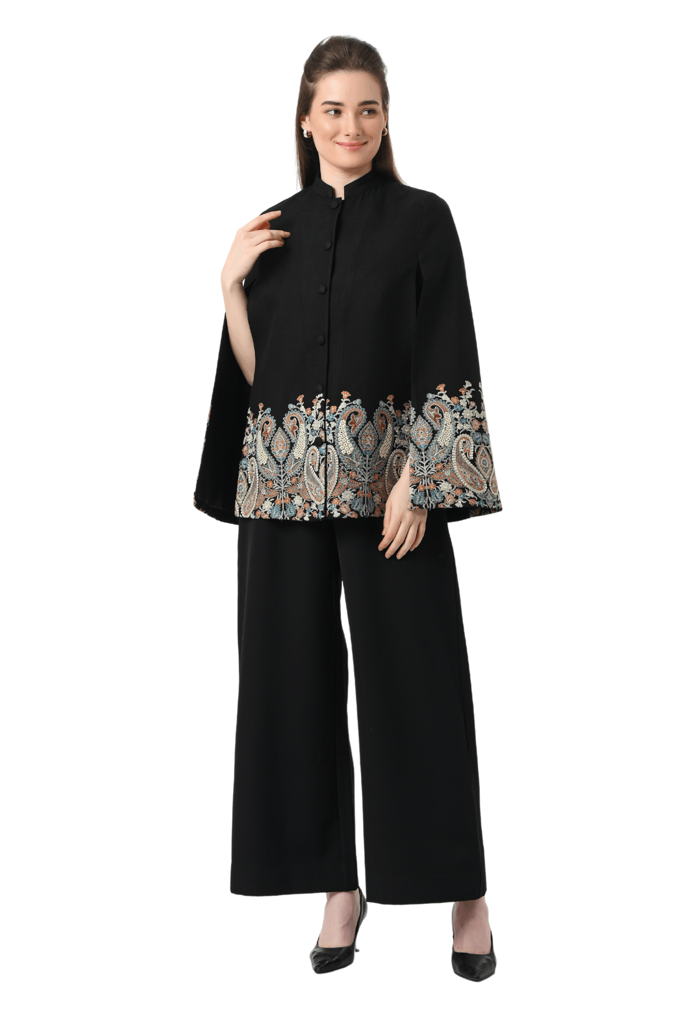 Majestic Paisley Embroidered Wool Cape