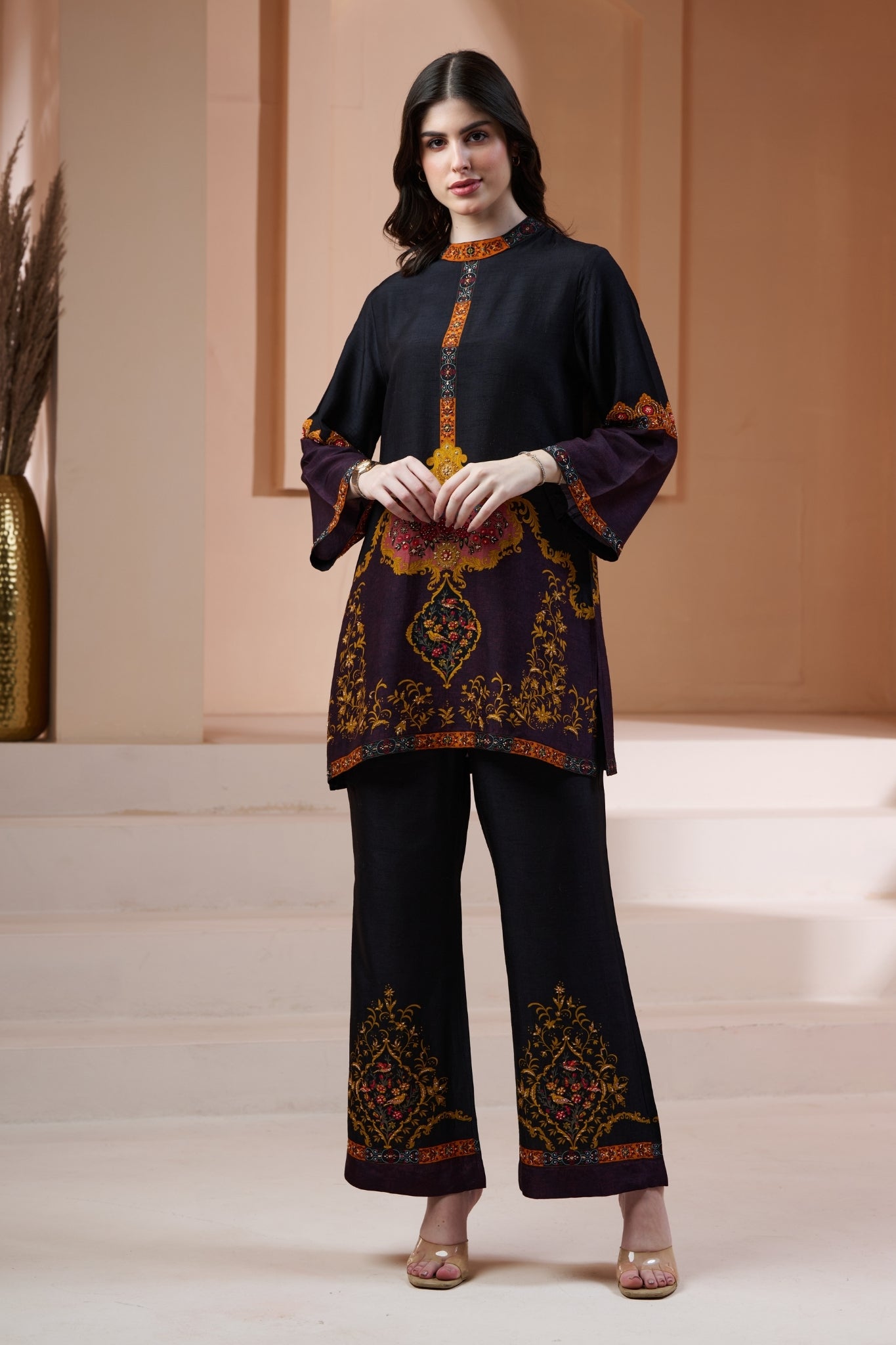 Royal Printed Silk Co-ord Set with Embroidery Highlights