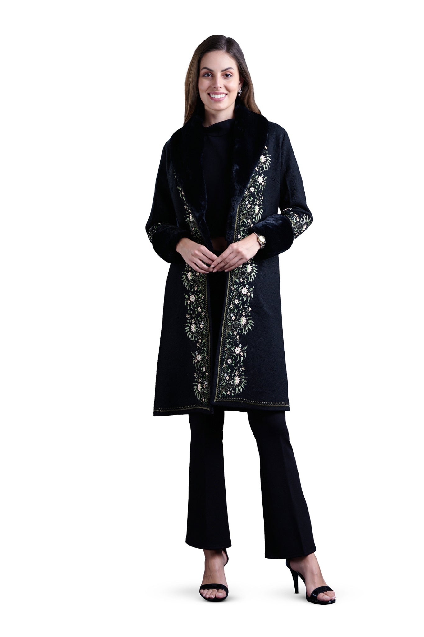 Embroidered Wool Fur Long Coat