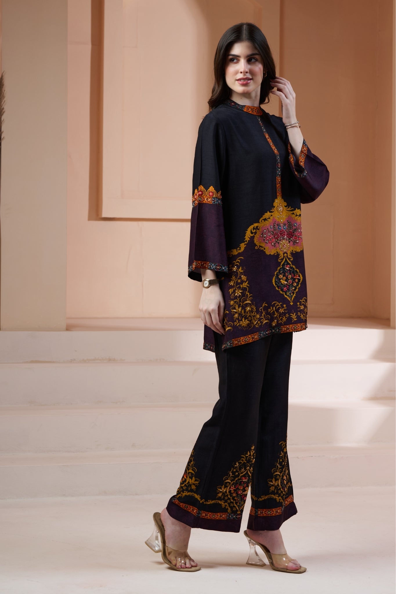 Royal Printed Silk Co-ord Set with Embroidery Highlights