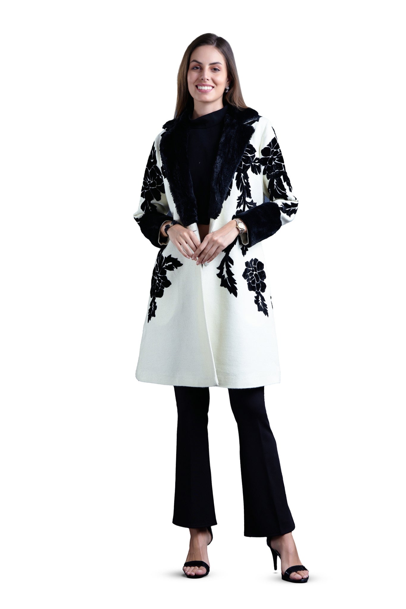 Embroidered Wool Fur Long Coat