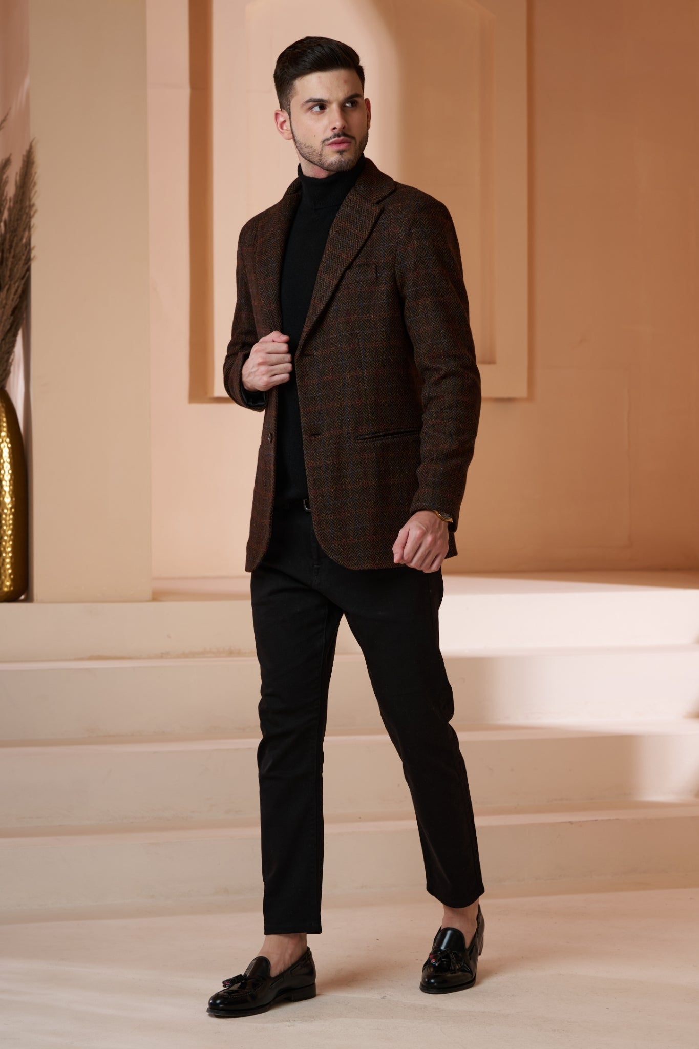 Wool Herringbone Tweed Blazer With Elbow Patch