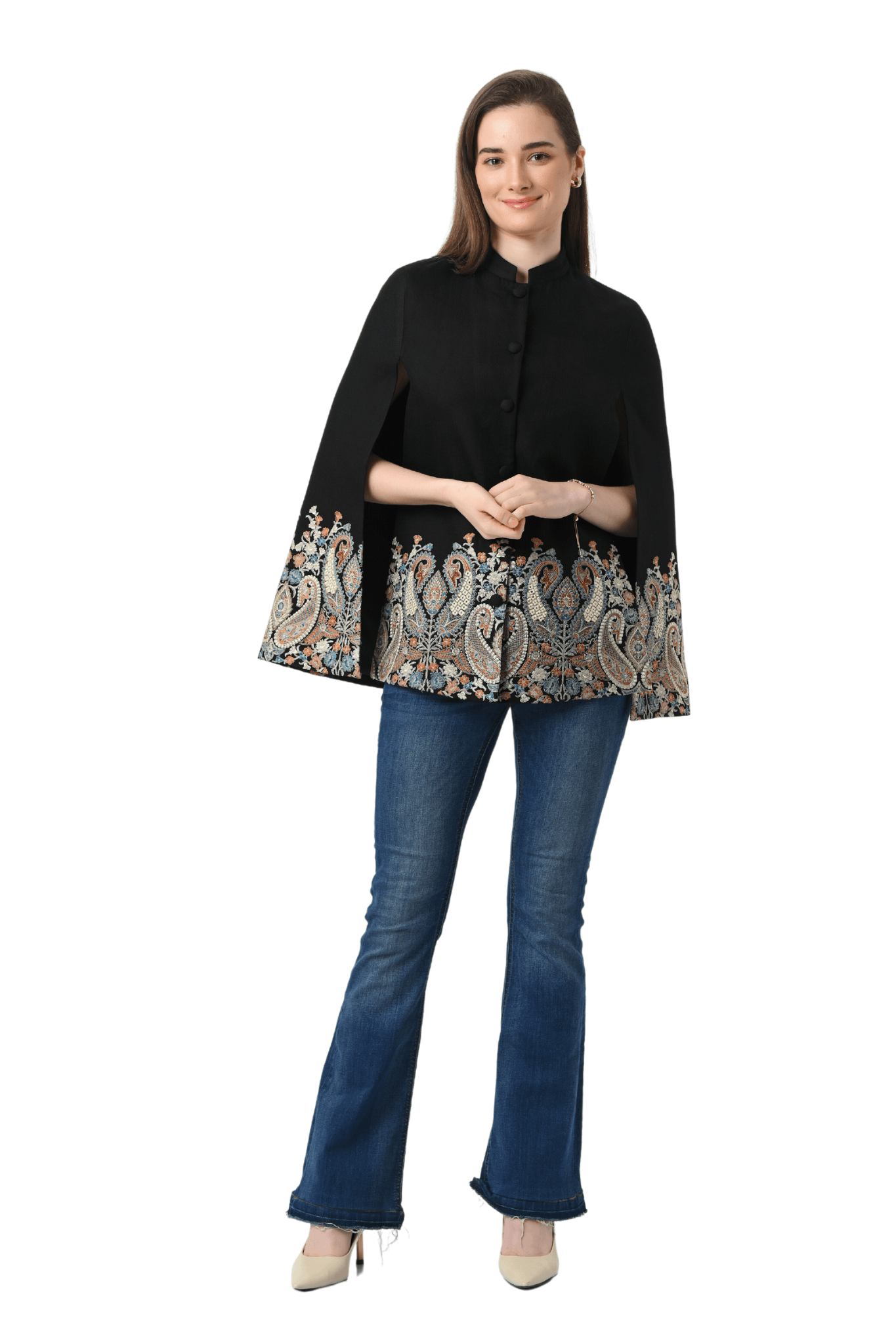 Majestic Paisley Embroidered Wool Cape