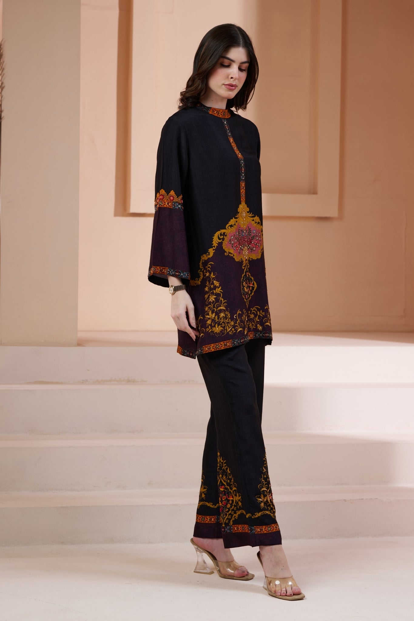 Royal Printed Silk Co-ord Set with Embroidery Highlights