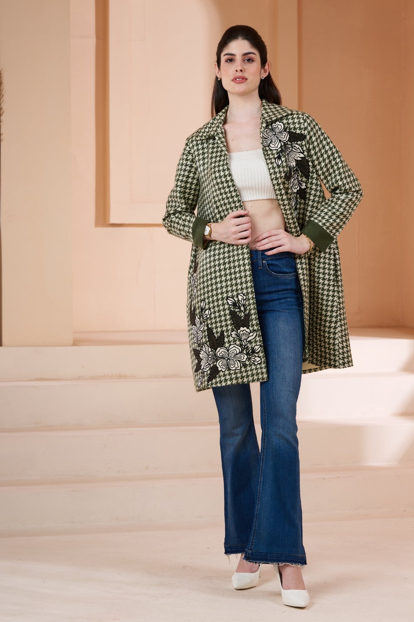 Embroidered Floral Houndstooth Wool Long Coat