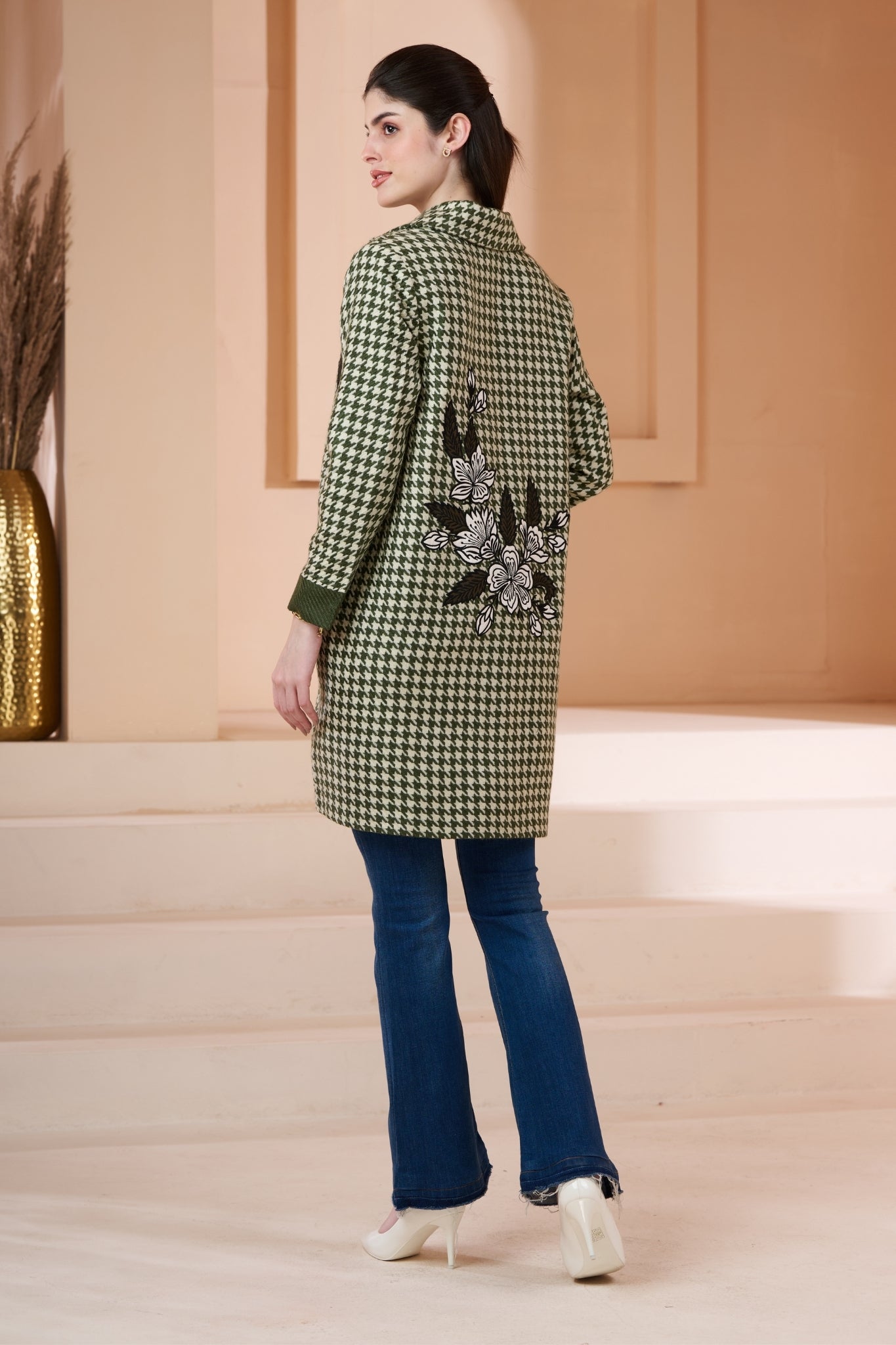 Embroidered Floral Houndstooth Wool Long Coat