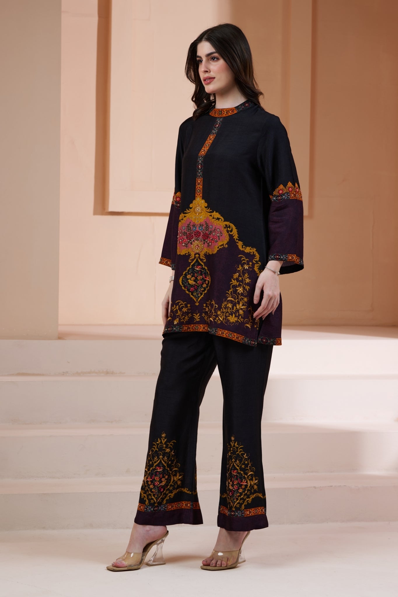 Royal Printed Silk Co-ord Set with Embroidery Highlights