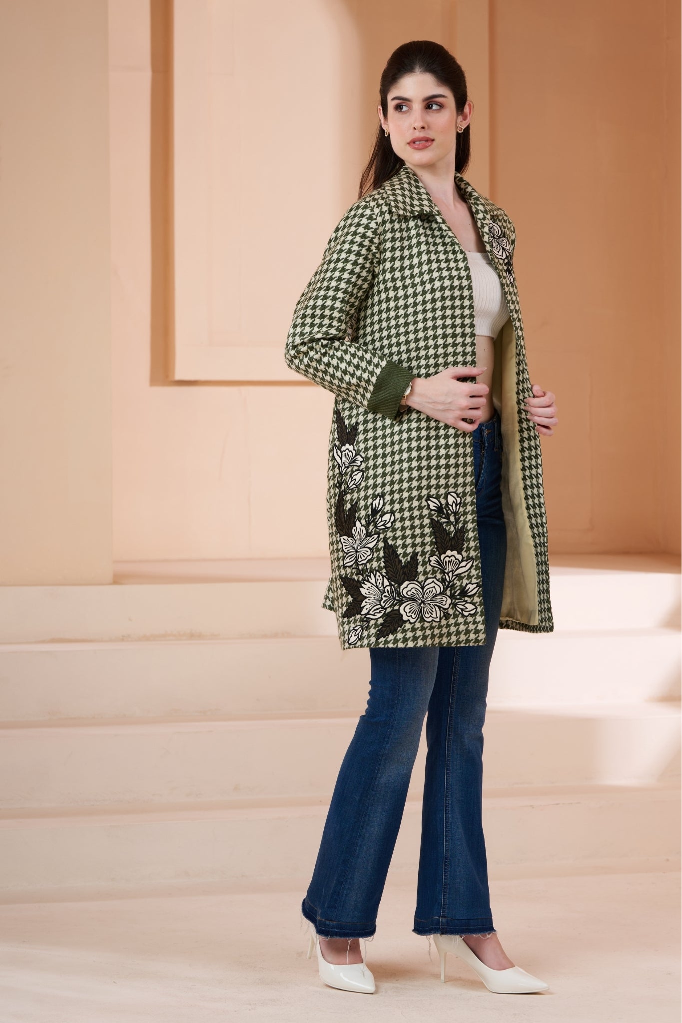 Embroidered Floral Houndstooth Wool Long Coat