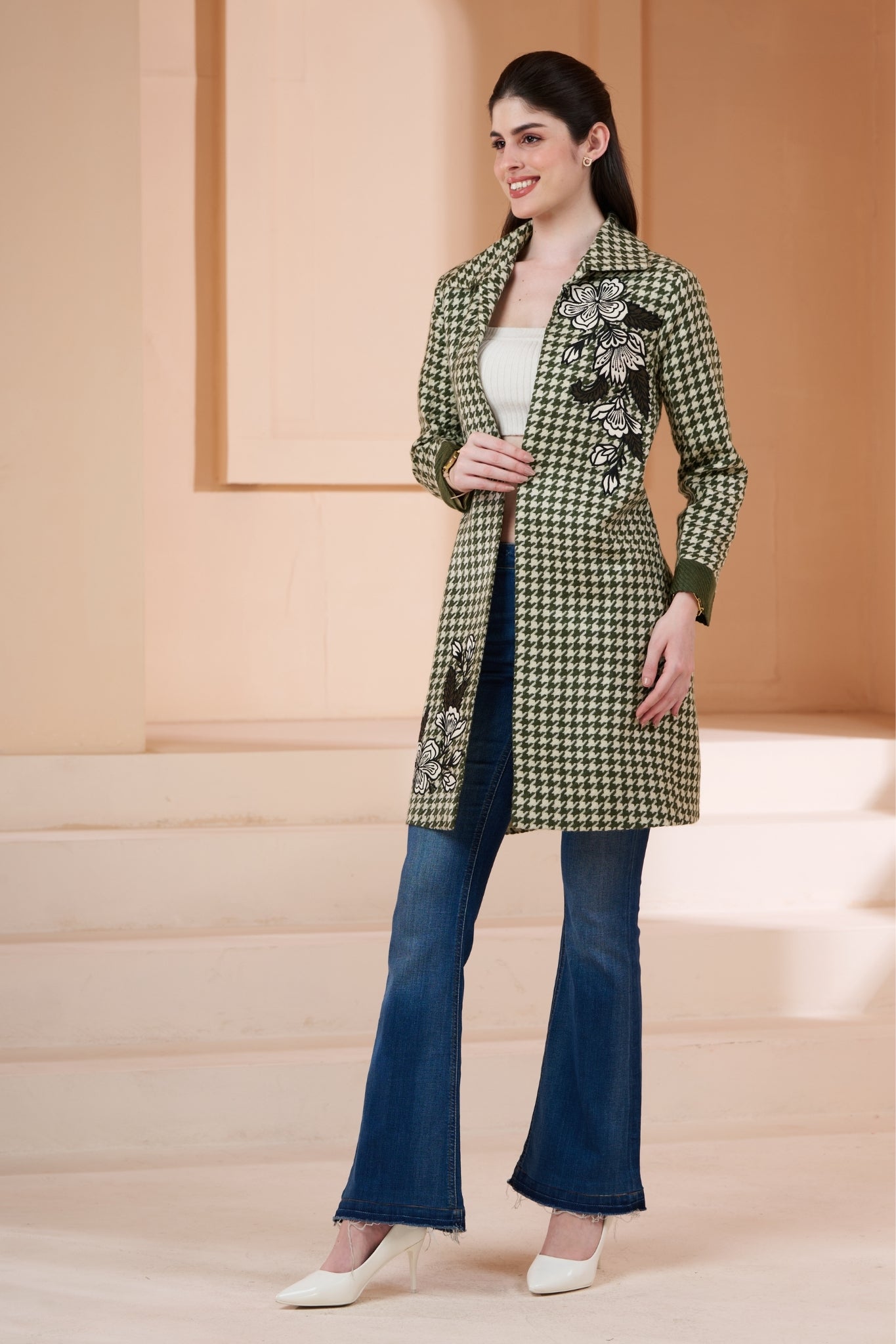 Embroidered Floral Houndstooth Wool Long Coat