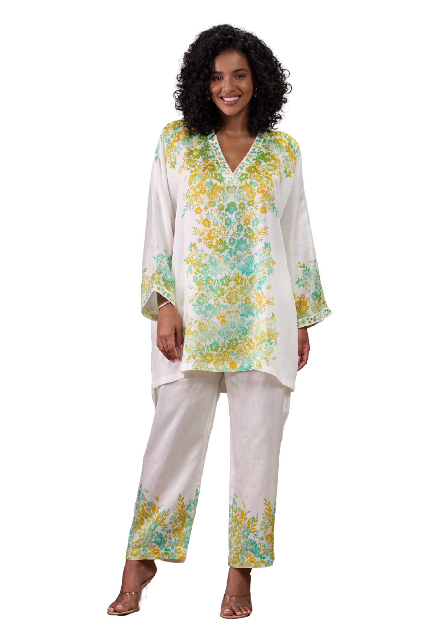 Silk Linen Floral Kaftan Co-ord Set with Embroidered Highlights