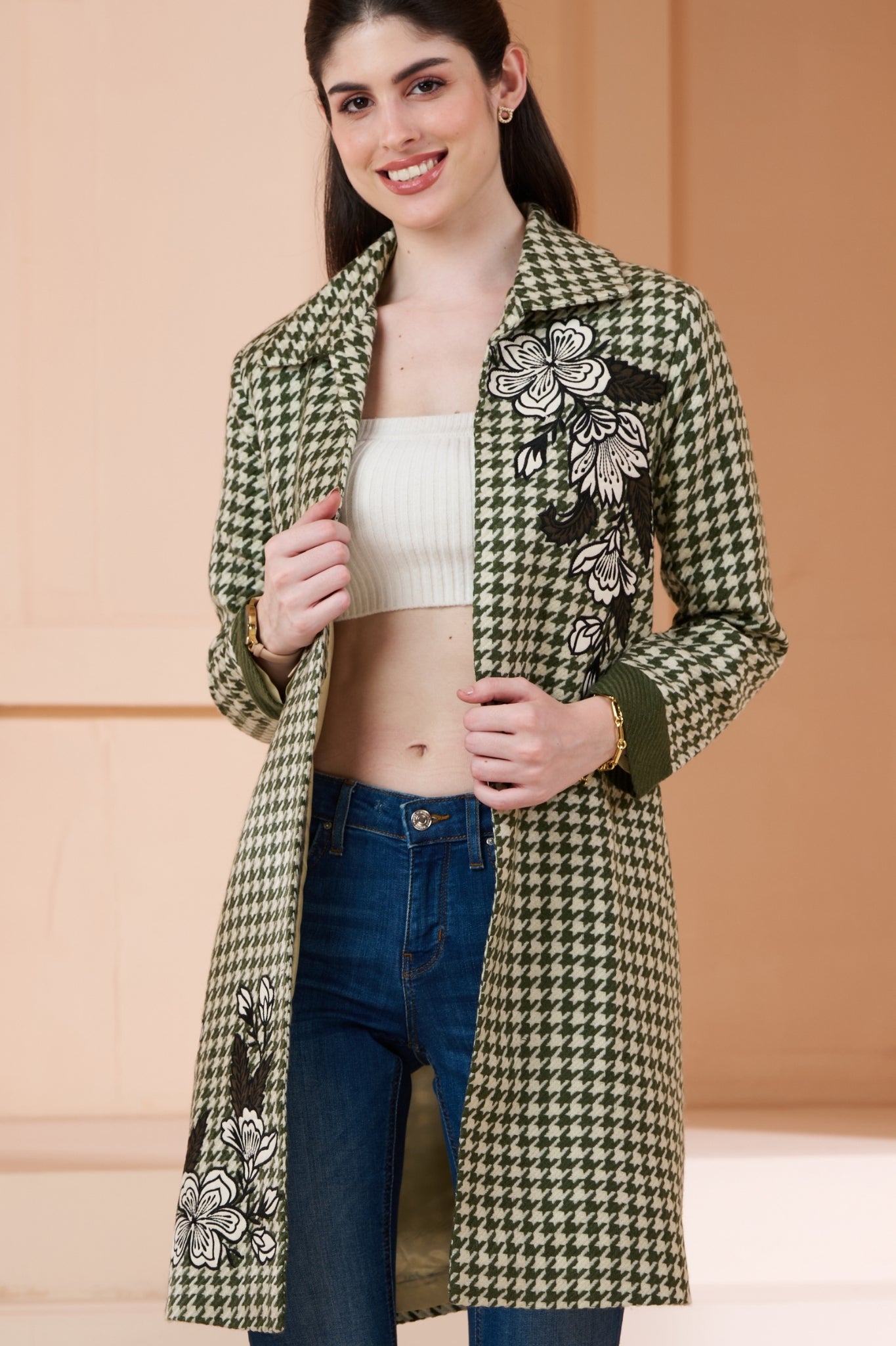 Embroidered Floral Houndstooth Wool Long Coat