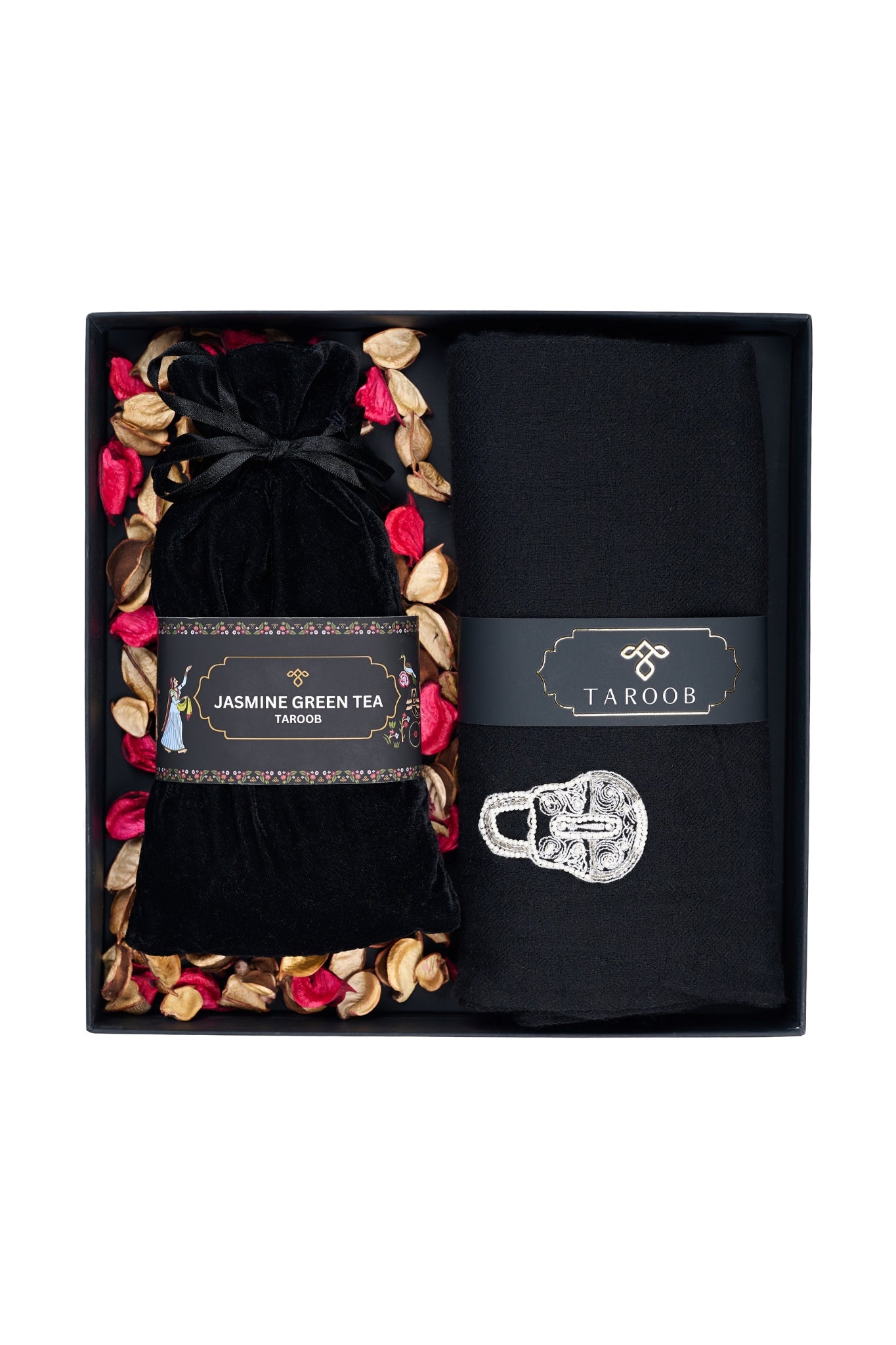 Exclusive Gift Set of Cashmere Embroidered Stole & Jasmine Green Tea