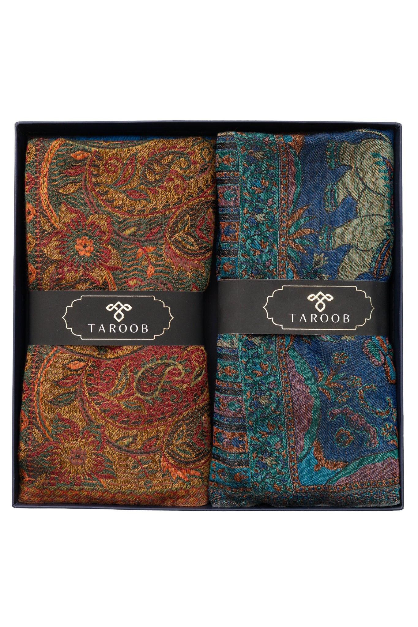 Taroob Gift Set of Faux Pashmina Jamawar Shawl for Her & Silk Shikargah Jamawar Stole for Him