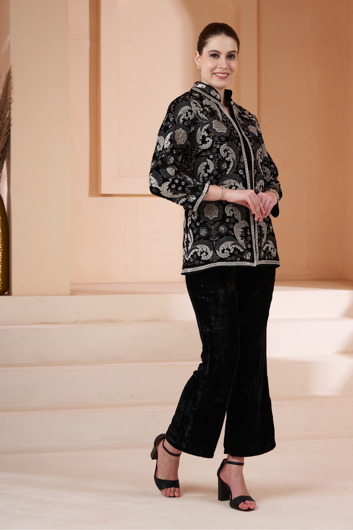 Embroidered Regal Velvet Women Coat