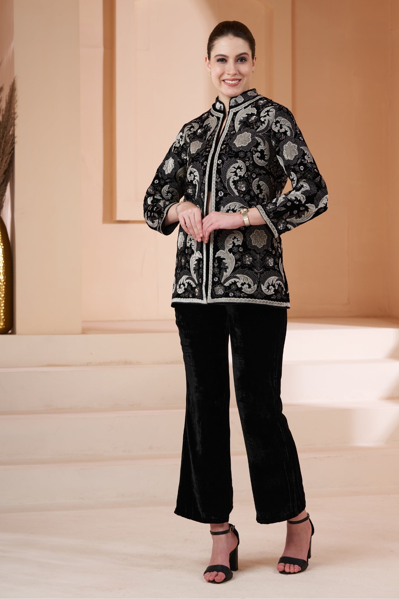 Embroidered Regal Velvet Women Coat