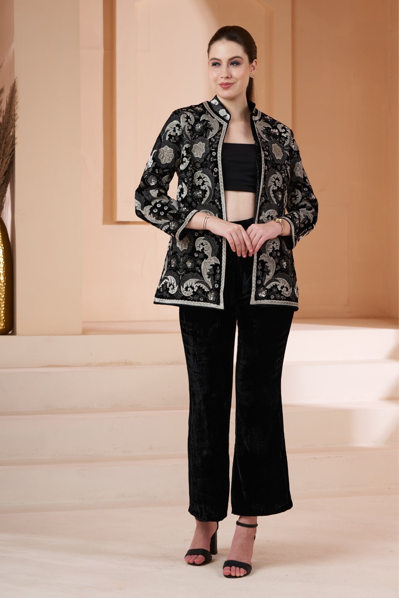 Embroidered Regal Velvet Women Coat