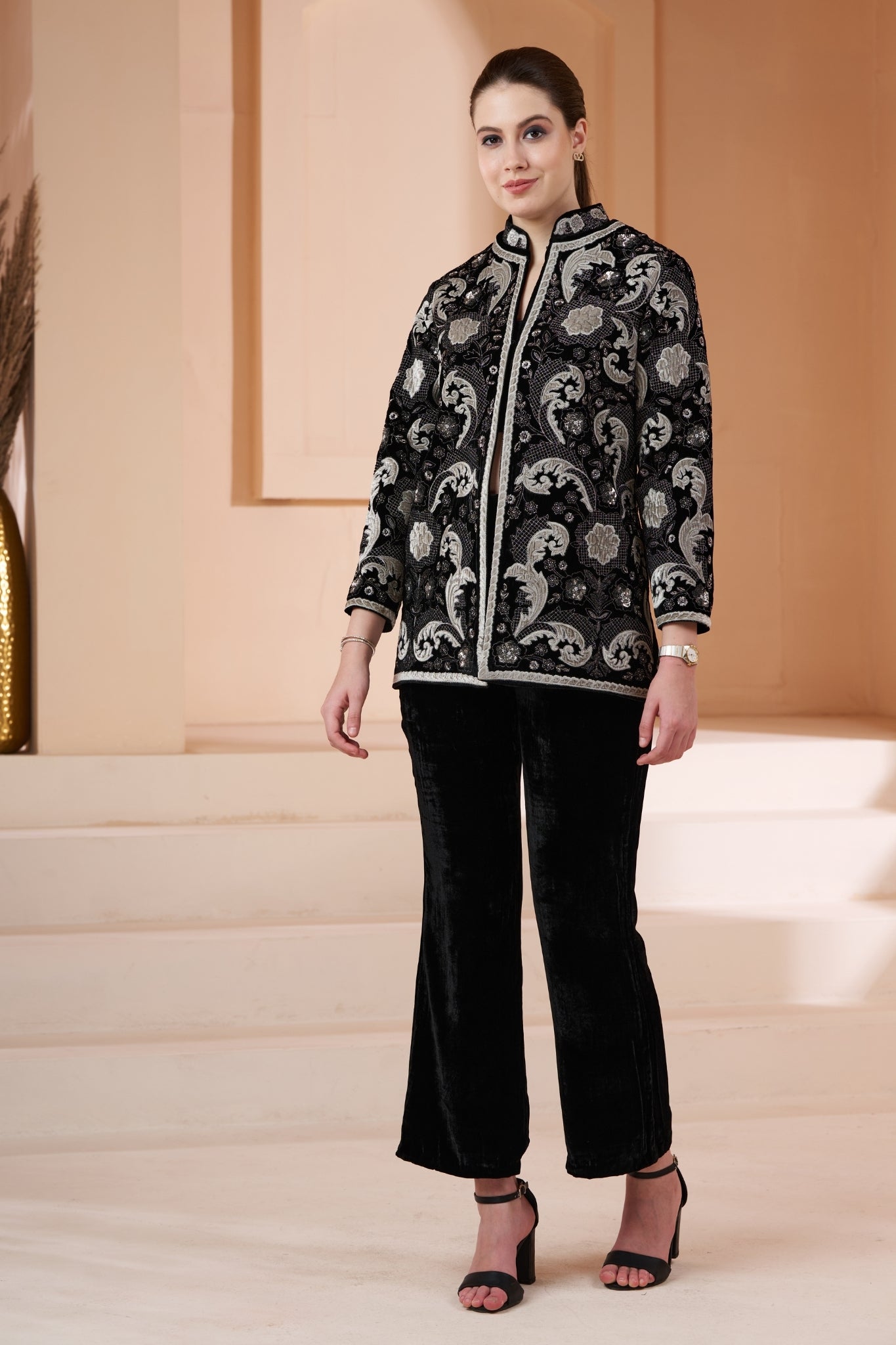 Embroidered Regal Velvet Women Coat