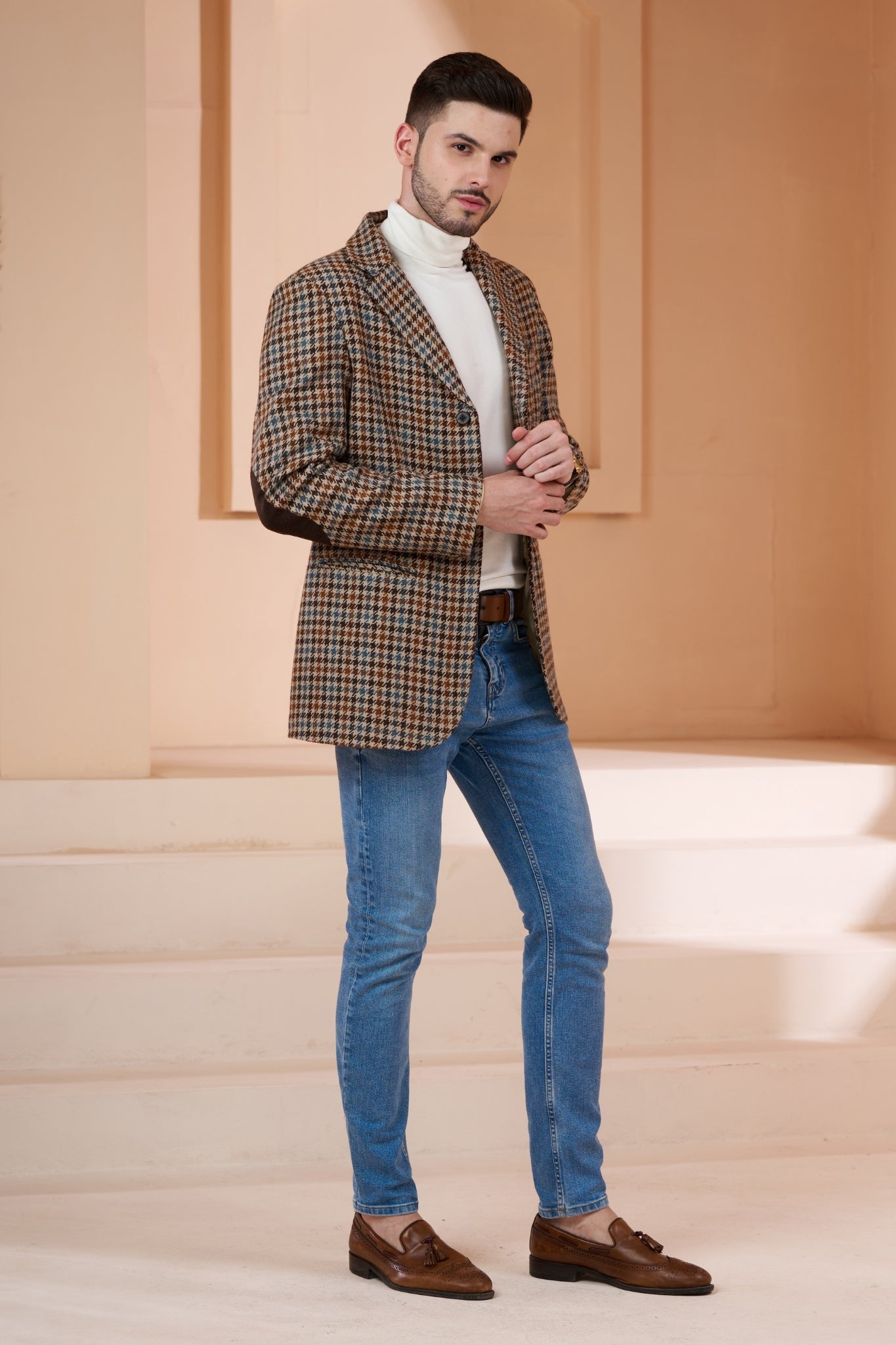 Wool Houndstooth Tweed Blazer With Elbow Patch