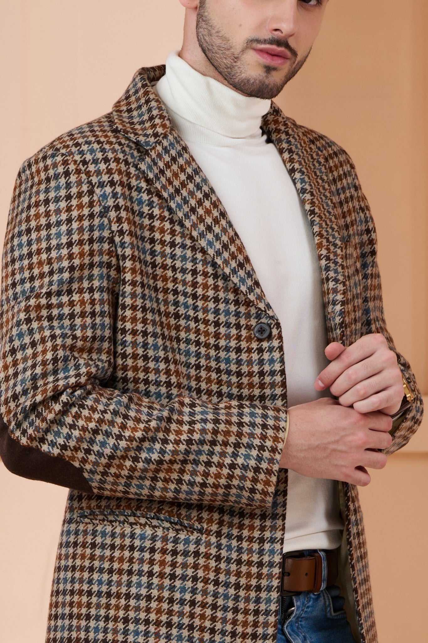 Wool Houndstooth Tweed Blazer With Elbow Patch