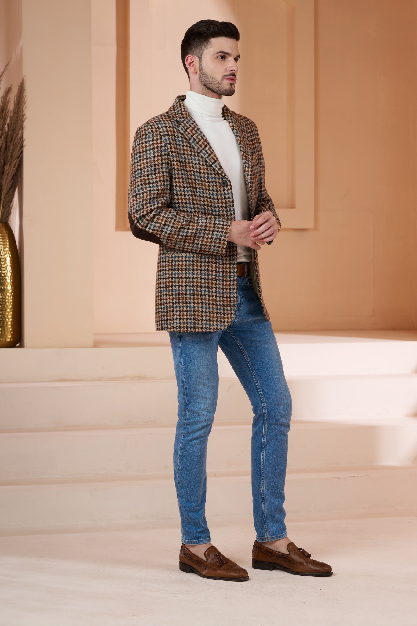 Wool Houndstooth Tweed Blazer With Elbow Patch