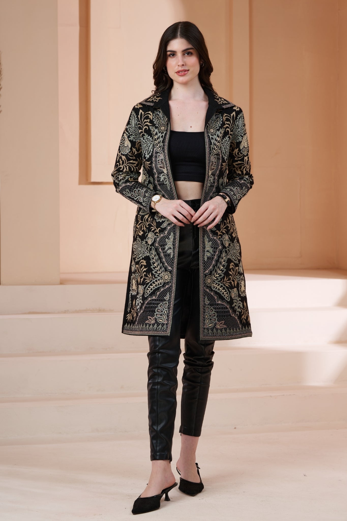 Embroidered Royal Wool Long Coat