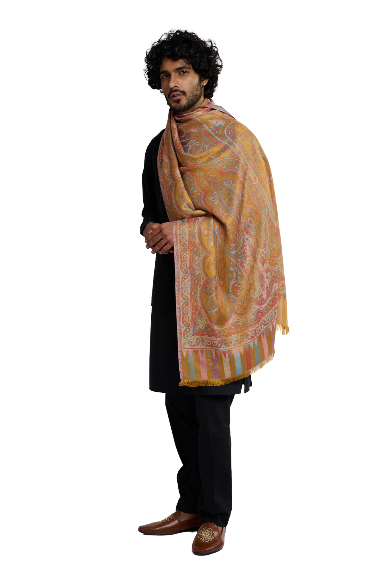 Men's Golden Paisley Silk Jamawar Stole