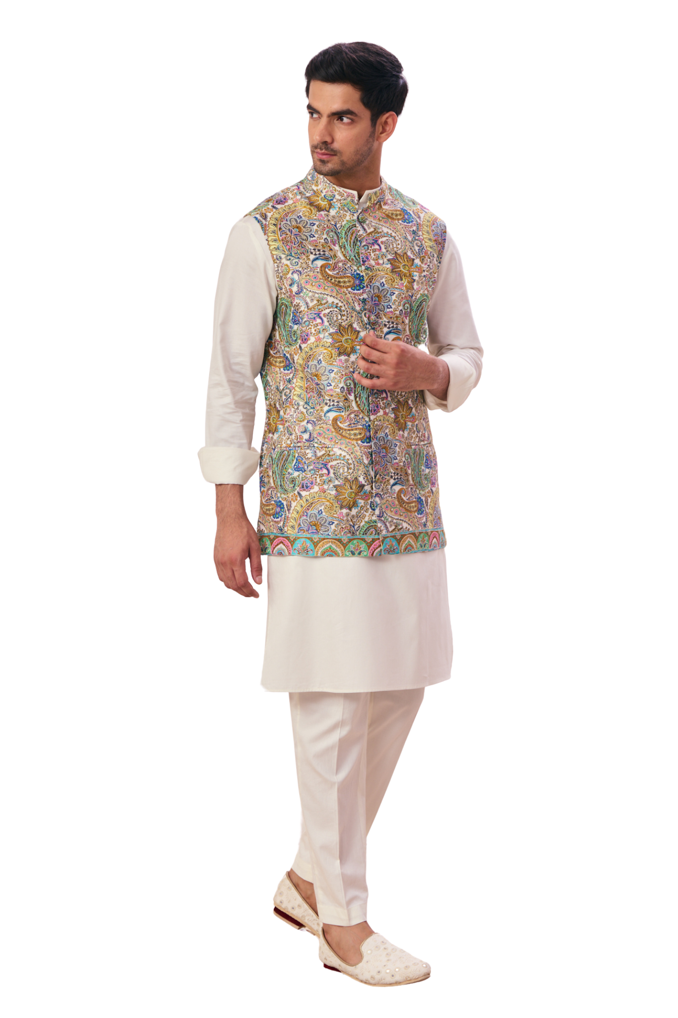 Colorful Paisley Embroidered Kalamkari Nehru Jacket