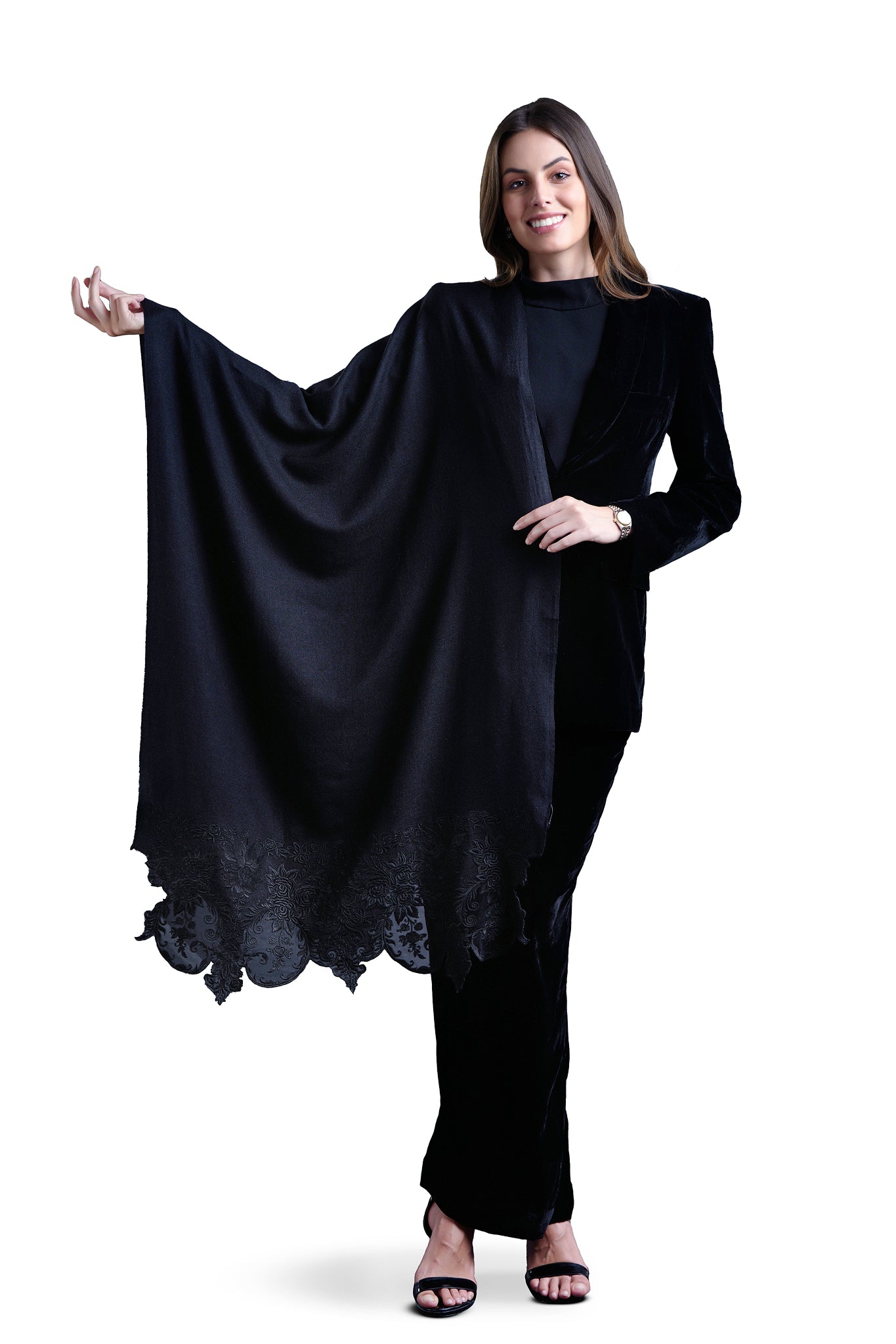 Embroidered Wool Lace Stole , Women's Scarf