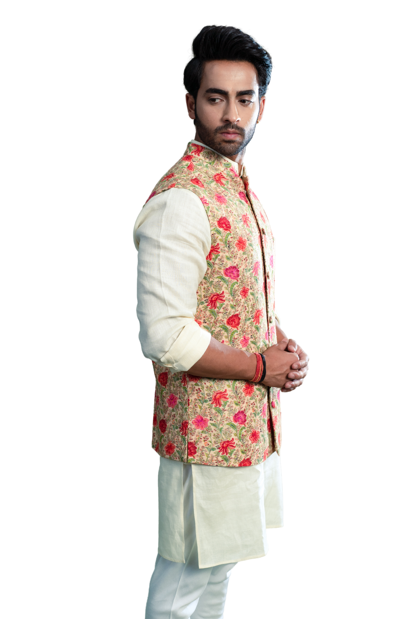 古典的な花のKalamkariの手によって刺繍される絹のNehruのジャケット、人のバンディ