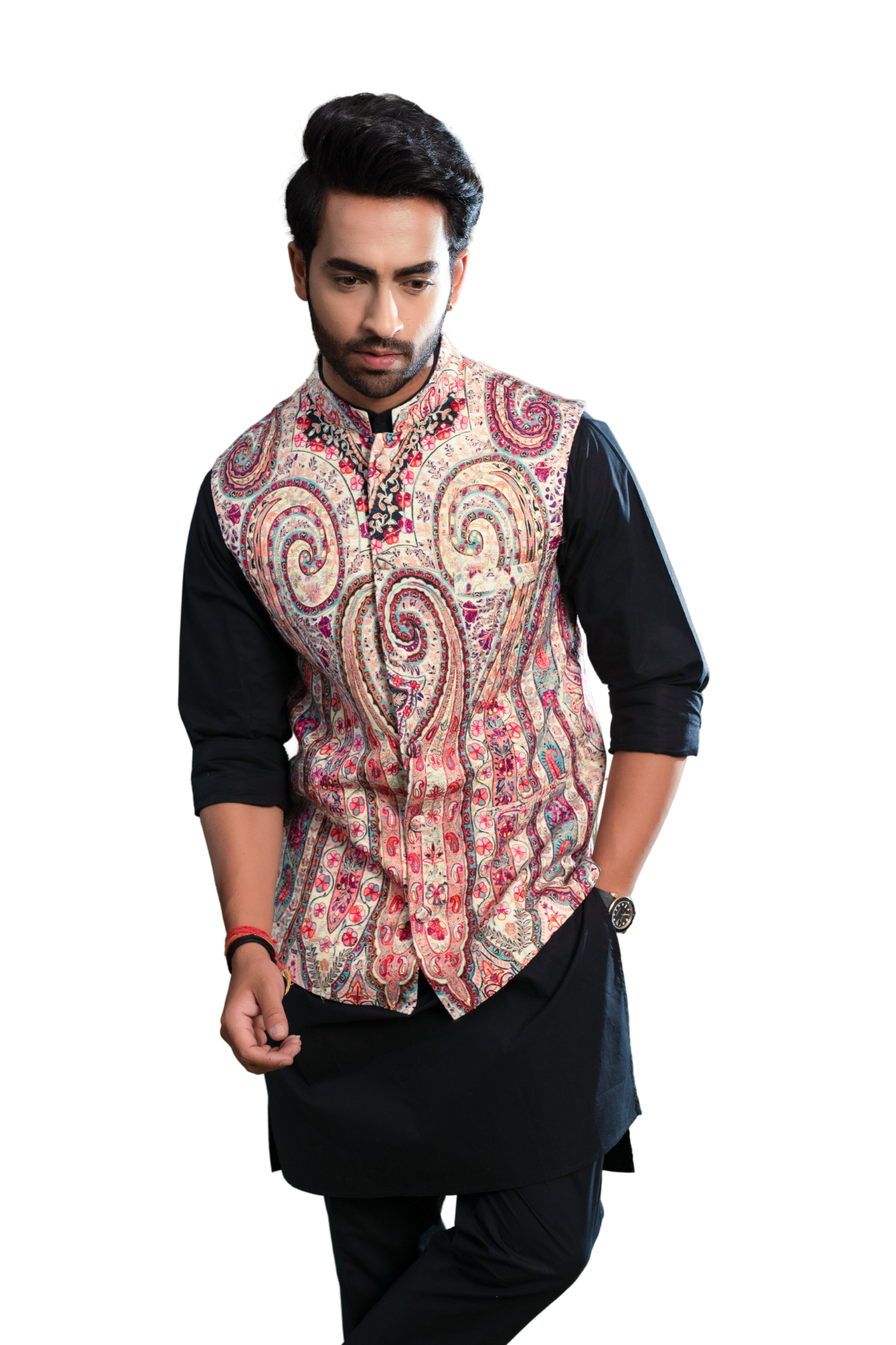 Hand Embroidered Silk Kalamkari Nehru Jacket , Men's Bandi