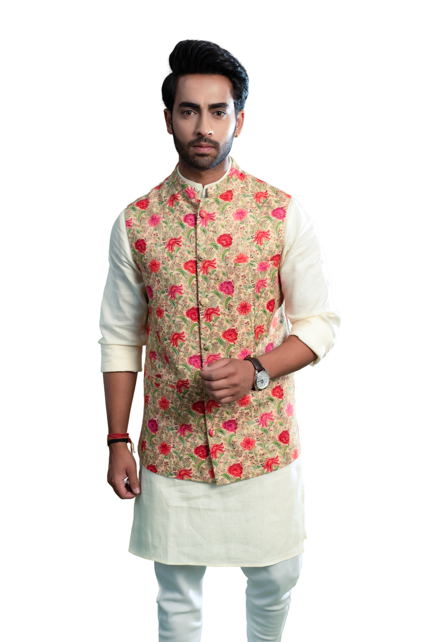 Classic Floral Kalamkari Hand Embroidered Silk Nehru Jacket , Men's Bandi