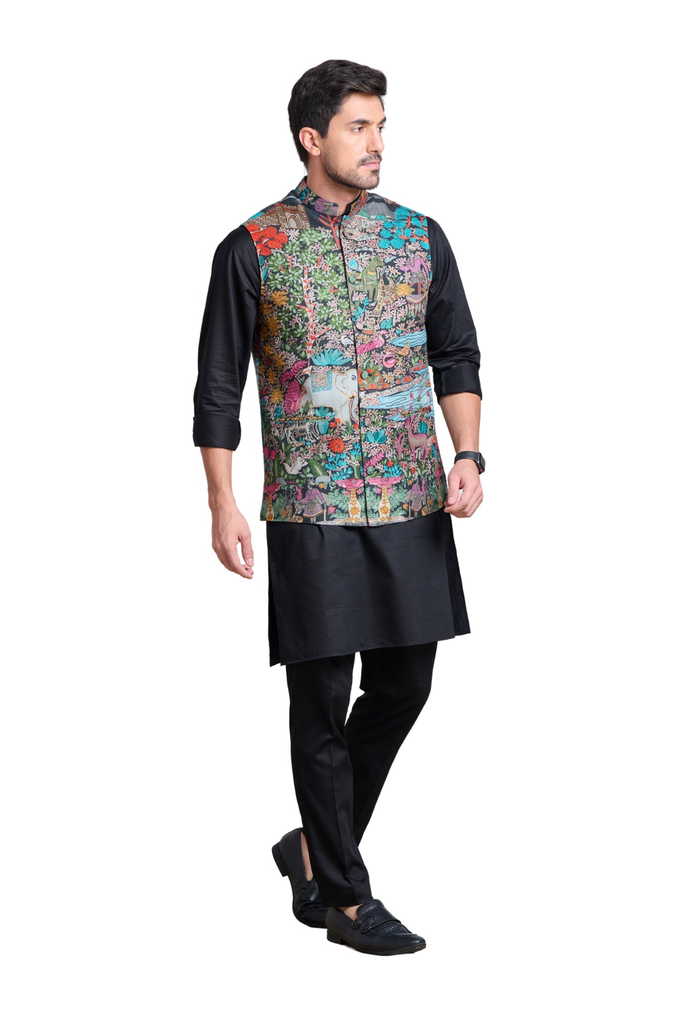 Olive Print Nehru Jacket - Selling Fast at Pantaloons.com