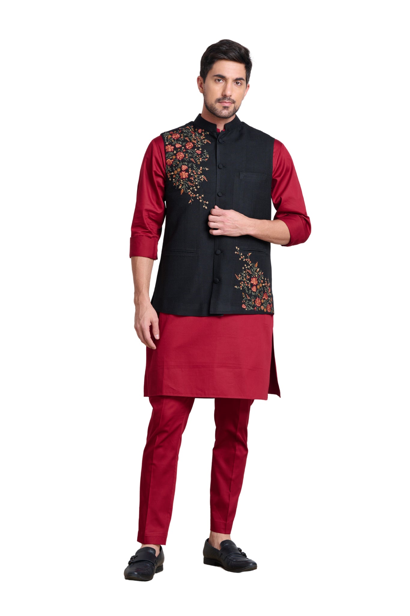 刺繍された花の絹の Nehru のジャケット、人のバンディ