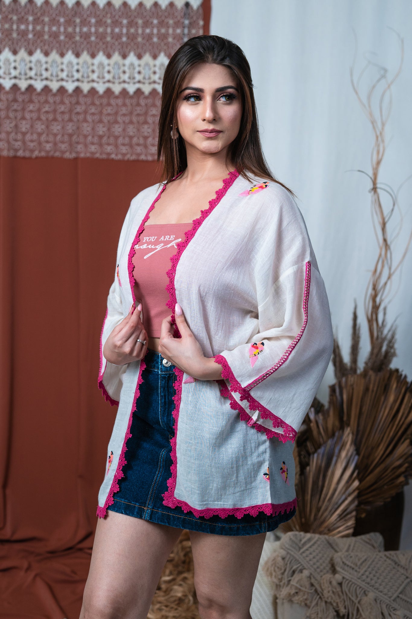 Hand Embroidered Linen Parrot Kimono With Lace Highlight