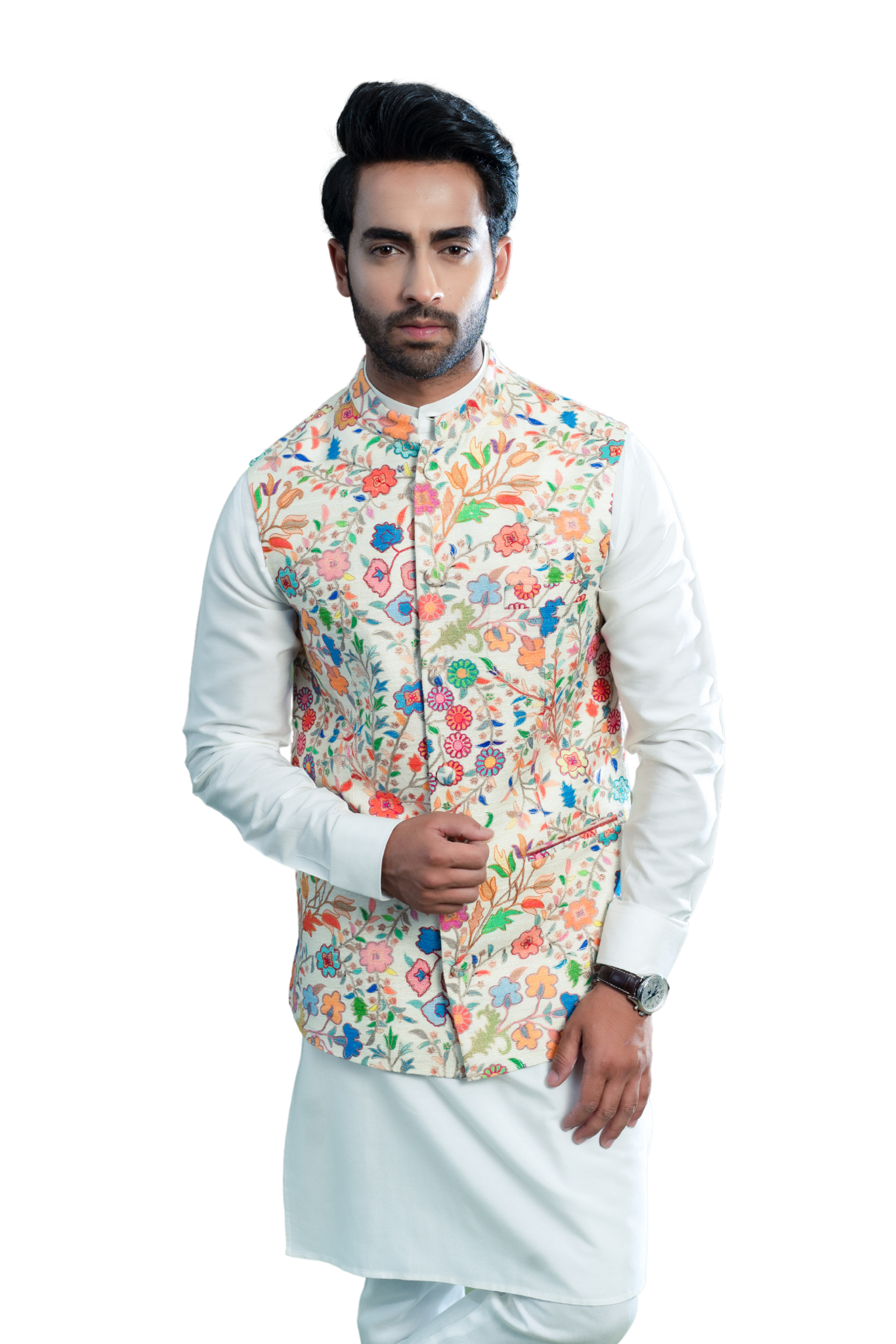 Fun Floral Kalamkari Hand Embroidered Silk Nehru Jacket , Men's Bandi