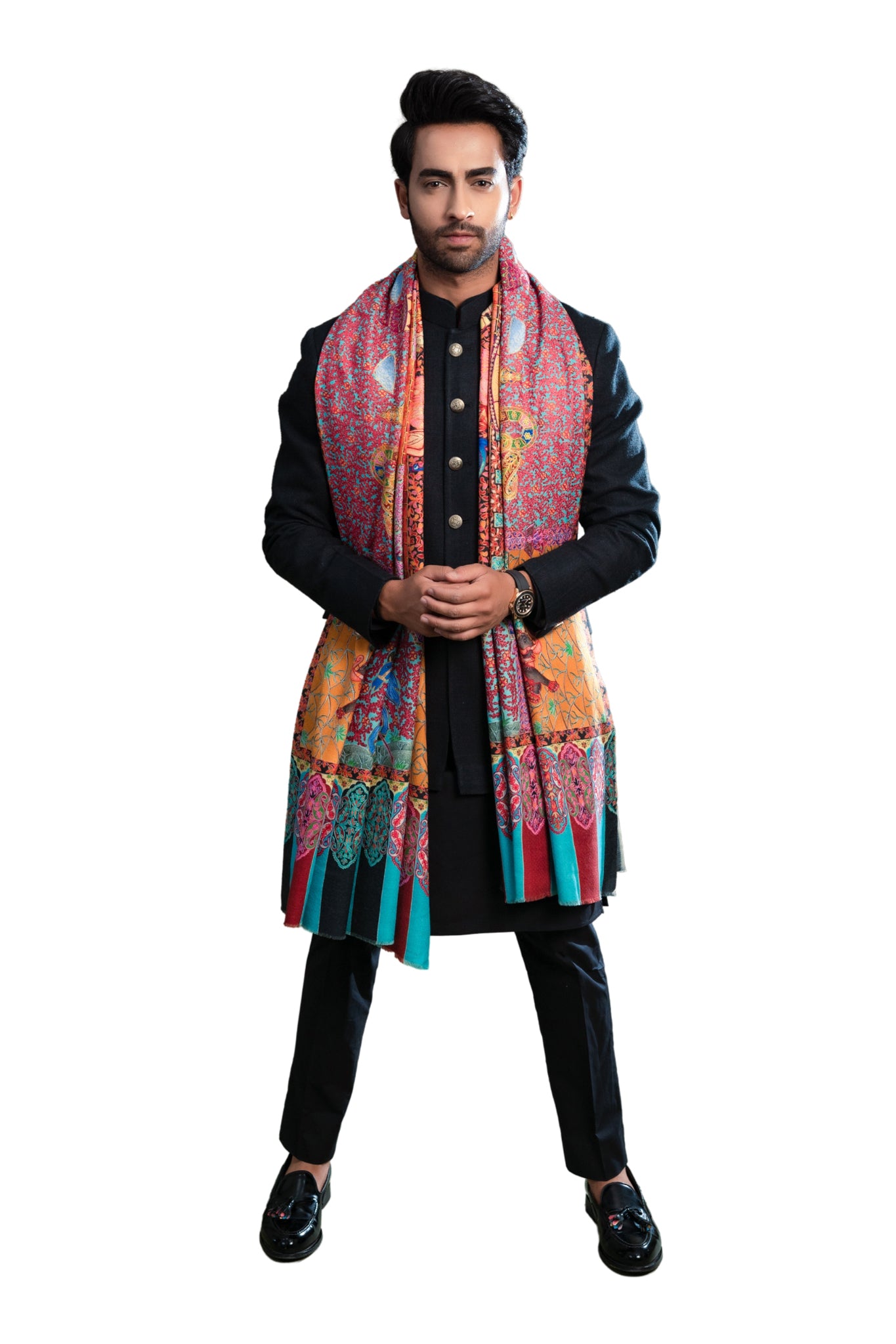 Mughal Darbar Wool Silk Kalamkari Dusala , Men's Shawl