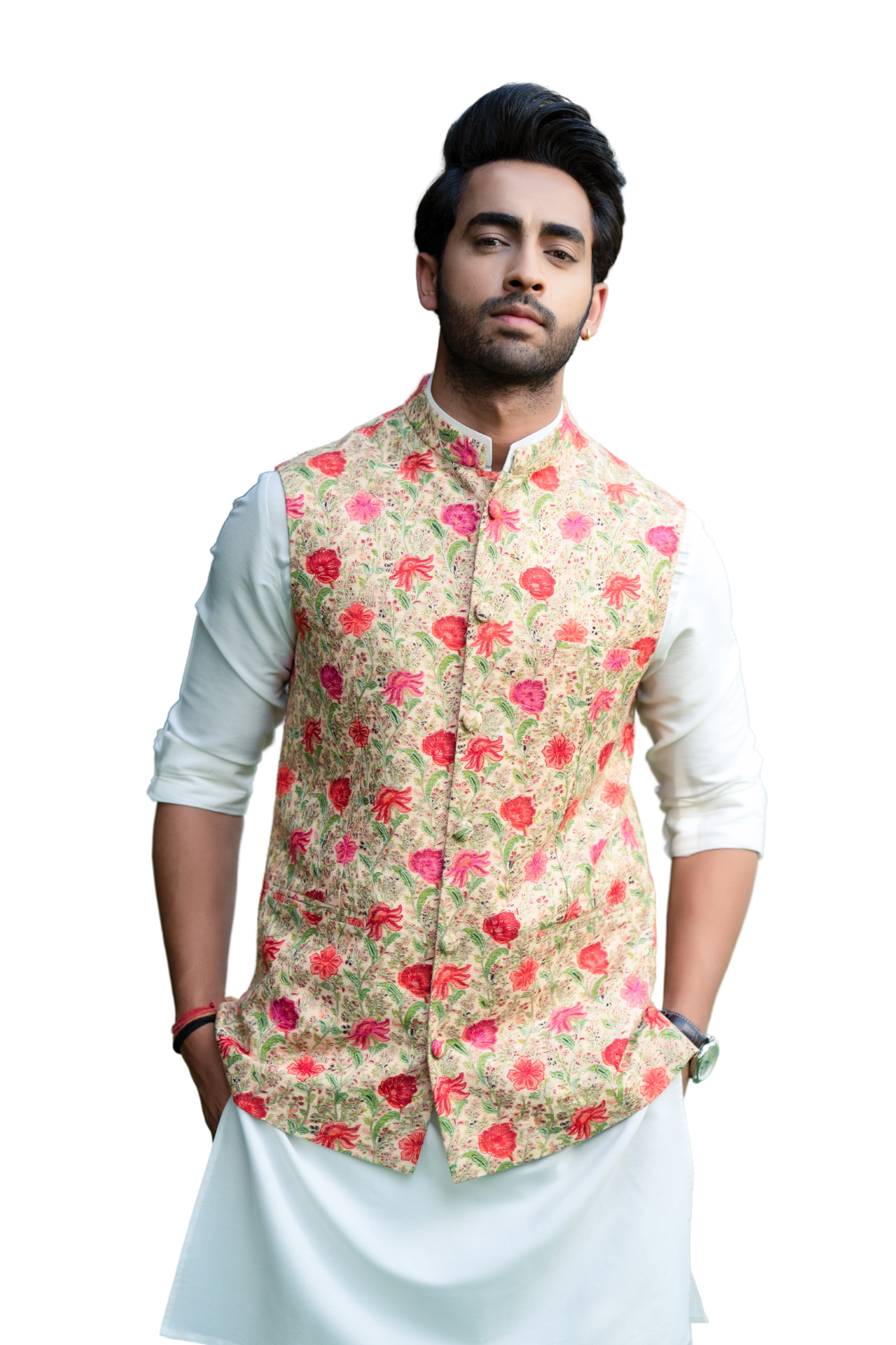 Classic Floral Kalamkari Hand Embroidered Silk Nehru Jacket , Men's Bandi
